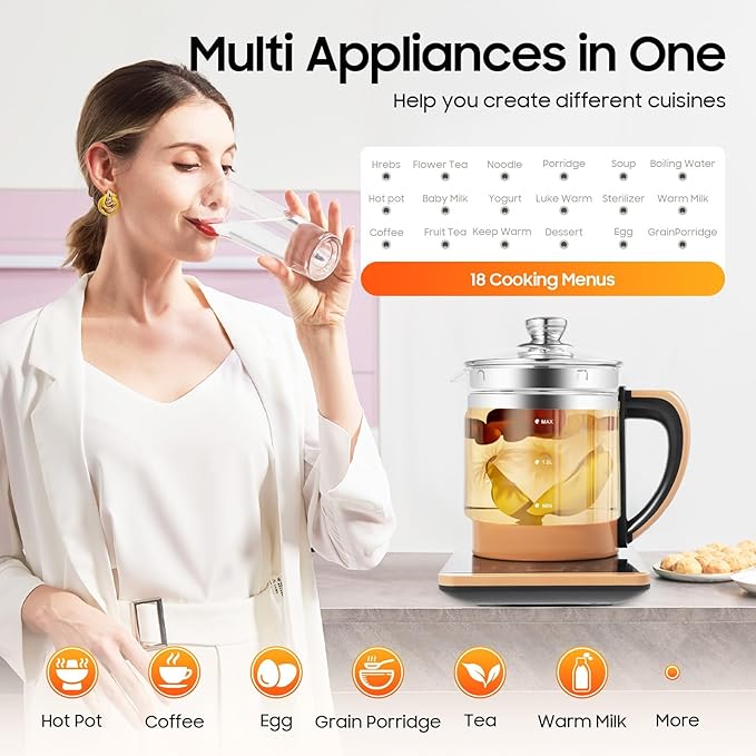 Health Pot Glass Electric Kettle for Tea & Coffee, Temperature Control Electric Kettle with Steamed Eggs Holder, 18 Smart Menu Health Pot Reservation & Timing Tea Infuser for Tea,001