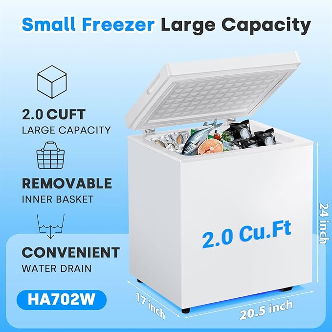 2.0 Cu.Ft Chest Freezer, Compact Chest Freezer with 7 Thermostat, Mini Deep Freezer with Removable Basket, Low Noise, Top Door Free-Standing Freezer for Home/Dorm/Office/Apartment, White