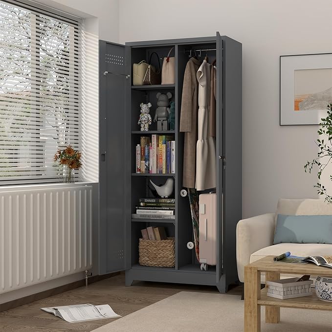GREATMEET 72.8" H Utility Closet, Broom Closet Storage Cabinet with Adjustable Shelves and Pegboard, Utility Cabinet for Brooms and Mops, Grey