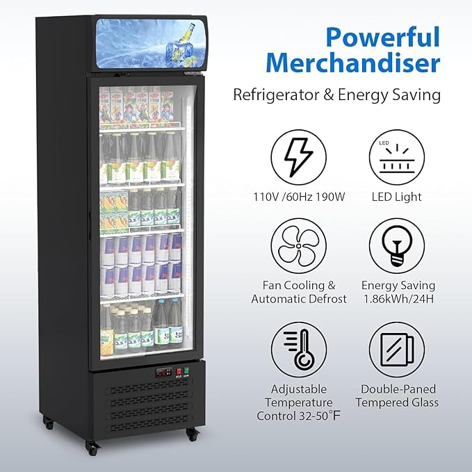 Commercial Display Refrigerator with Single Glass Door, 11.3 Cu.Ft Upright Beverage Cooler with Adjustable Shelves, Soft LED Lighting, Merchandiser Fridge for Home, Restaurant, and Garage, Black