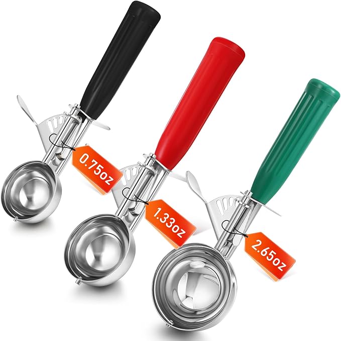3 Pcs Release Cookie Scoops Ice Cream Scooper with Trigger Release Portion Scoop Stainless Steel for Portion Control, Baking Food, Cookie Dough (2.65 Oz+1.33 Oz+ 0.75 oz,Green,Red,Black)