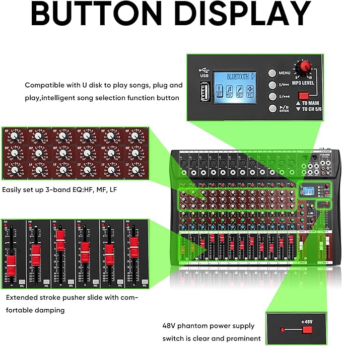 12 Channel Mixer Audio Console, CT-120S Professional Music Mixer DJ Mixing Board with Reverb Bluetooth MP3 Player 48V Phantom Power Supply USB Recording for Studio Karaoke Live Performance