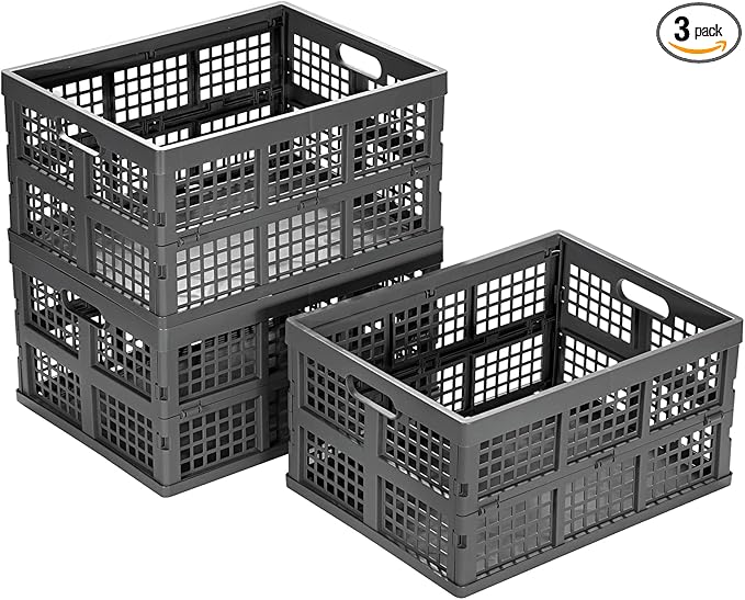 34L Large Plastic Folding Storage Crates,Collapsible Crates for Storage,Pack of 3 (Grey)