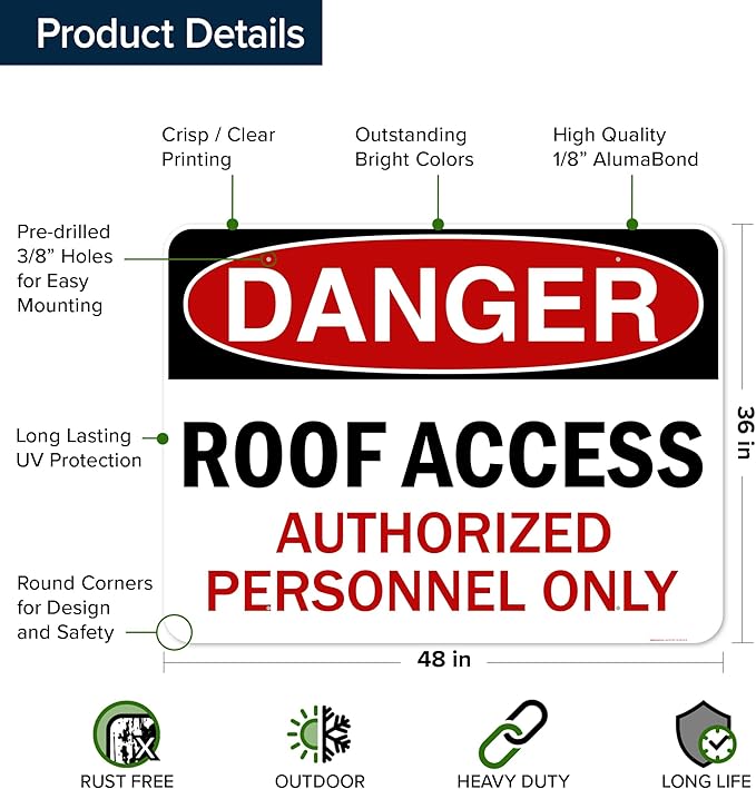 Danger Roof Access Authorized Personnel Only Sign, 36x48 Inches, Rust Free DiBound, Fade Resistant, Made in USA by My Sign Center