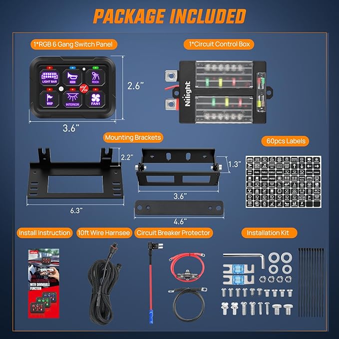 Nilight 6 Gang Switch Panel 12V 24V Universal Circuit Control Relay System with RGB Backlight APP Fuse Wiring Harness Automatic Dimmable ON Off LED Switches Pod for Car Pickup Truck Camper SUV