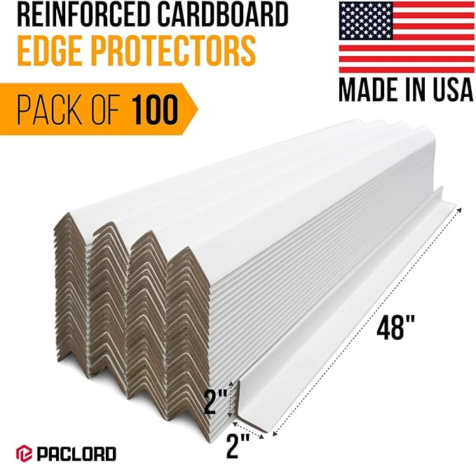 48" x 2" x 2" Reinforced Cardboard Edge Protectors, White (Pack of 100) – 0.225" Thick Extra Heavy-Duty Cardboard Corner Protectors – American Quality V-Board Pallet Edge Guard