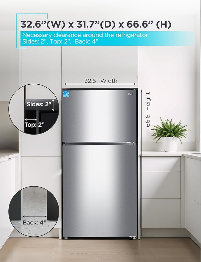 BLACK+DECKER 24 Cu. Ft. Top Mount Refrigerator with Freezer, 2 Door Refrigerator with Top Freezer and Adjustable Temperature Control, Full Size Kitchen, ENERGY STAR, BR2400JS, Stainless Look