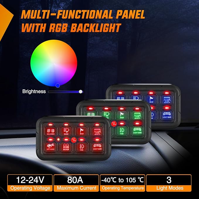 Nilight 8 Gang Switch Panel Circuit Control Relay System APP RGB Backlight Fuse Wiring Harness Automatic Dimmable ON Off LED Switches Pod for 12V 24V Cars Trucks Campers SUV