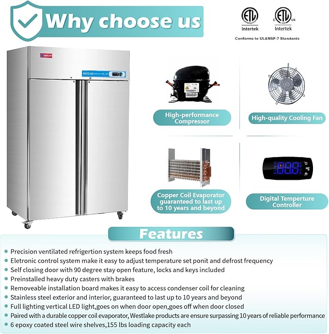 WESTLAKE 48" W Commercial Refrigerator 2 door 2 Section Stainless Steel Reach in Solid door Upright Fan Cooling 36 Cu.ft Cooler for Restuarant, Bar, Shop, etc