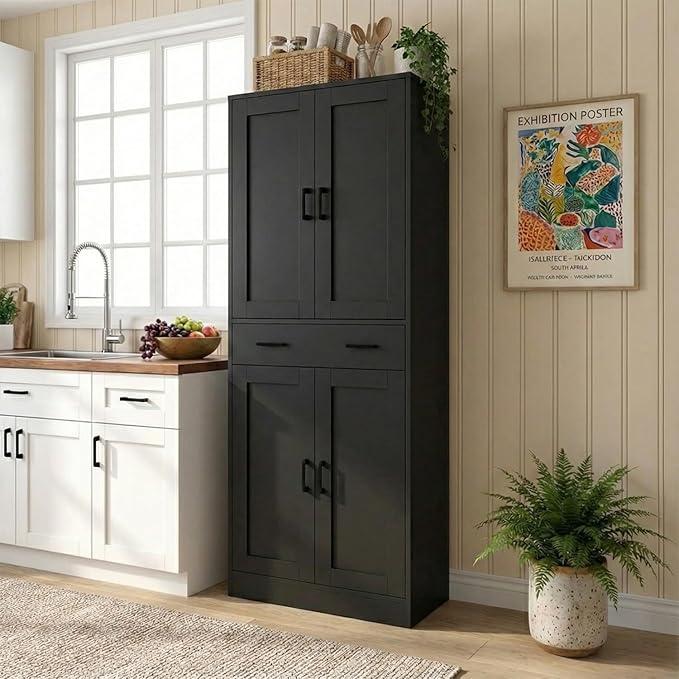 71" Tall Kitchen Pantry Cabinet, Freestanding Storage Cabinet with Drawer and 4 Doors, Large Black Utility Floor Cupboard with Adjustable Shelves for Dining Room, Bathroom, Home Office