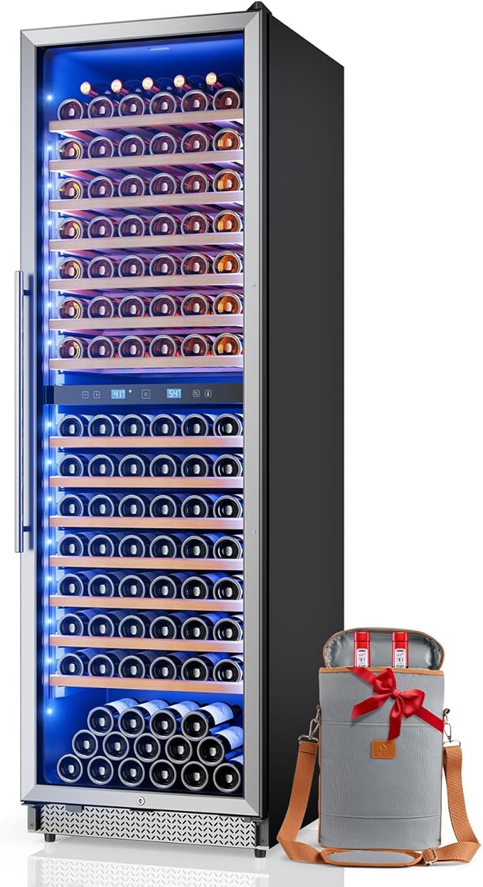 Wine Fridge 24 Inch-177 Bottle Wine Cooler Dual Zone Freestanding/Built-In with Upgraded Compressor, Low-Noise Wine Cellar & Intelligent Temperature Control
