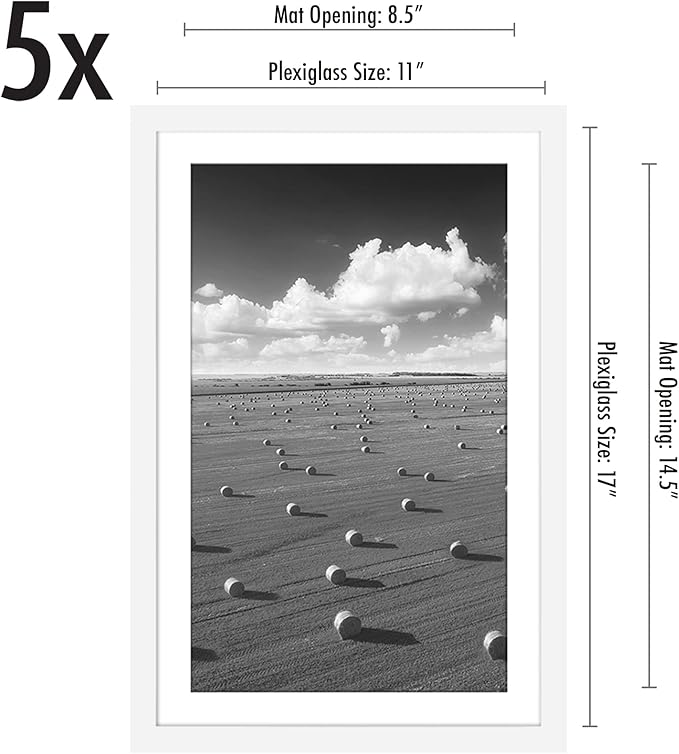 Americanflat 11x17 Picture Frame with Polished Plexiglass - Set of 5 - Use as 9x15 Frame with Mat or Display 11x17 Photo Without Mat - Galleria Collection - Picture Frames for Wall Display - White