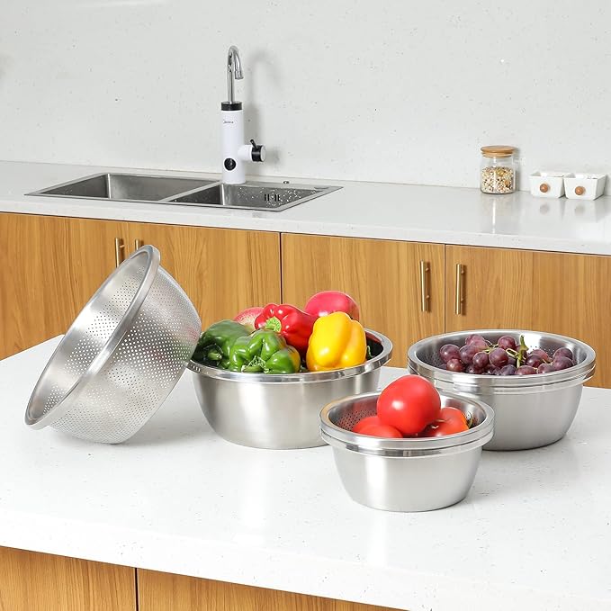 304 Stainless Steel Microporous Colander,2QT Large Capacity with Mixing Bowl For washing vegetables, fruit and rice and for draining cooked pasta(2PC)