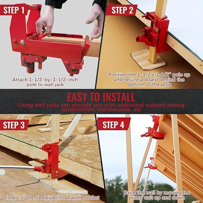 2 Pcs Wall Jack, Portable Lifting Tool Works with 1-1/2" x 3-1/2" Fir Poles or 1" OD Steel Pipes, Heavy-Duty Wall Jacks for Framing, Lifting Wall Beams, Red