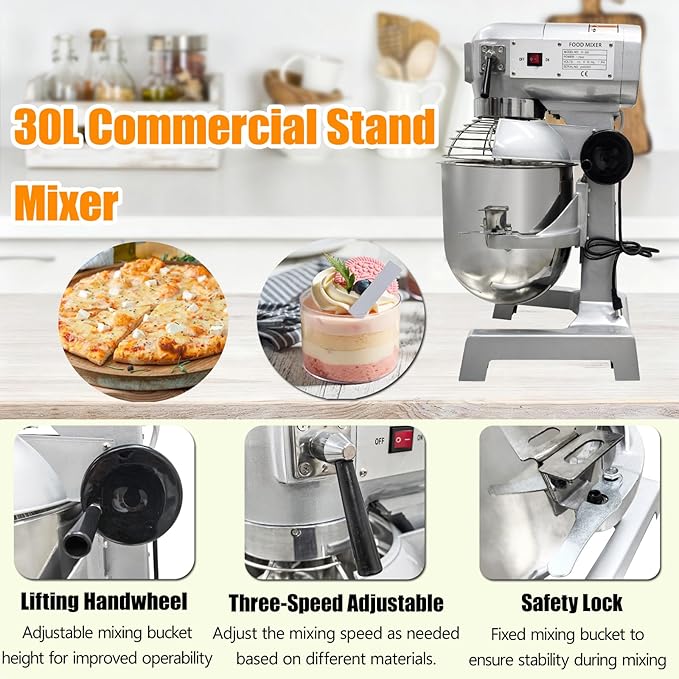 TECHTONGDA 30L Commercial Stand Mixer, Heavy Duty Food Mixer, 110V Dough Kneading Machine, Electric Flour Mixer Machine with 3 Speeds Adjustable for Bakery Pizzeria, Dough Hook Whisk Beater Included