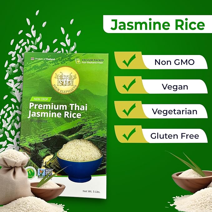 5 Pounds (LBS) Premium Thai Hom Mali Jasmine Rice | Endorsed By Pro Chefs | Four Elephants Brand | DIY Friendly Cooking Instructions Packaging