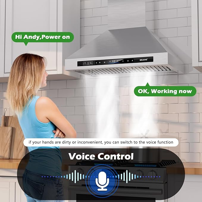 Wall Mount Range Hood 36 inch，900 CFM Kitchen Hood with Voice/Gesture/Touch Control，Vent Hood in Stainless Steel With Ducted/Ductless Convertible, 4 Speed Exhaust Fan