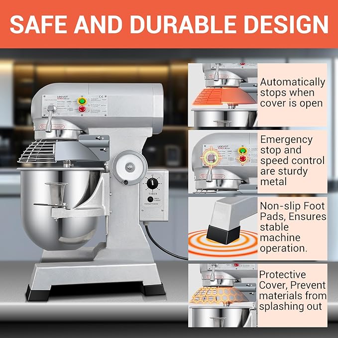 20QT Commercial Planetary Stand Mixer, Heavy Duty Dough Mixer with 60-Min Timer & Splatter Guard, 3 Speeds for Kneading, Creaming, Whipping, for Bakery, Pizzeria, Restaurant