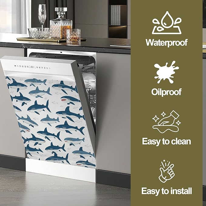Cute Shark Dishwasher Magnet Cover,Wild Fish Kitchen Decor Waterproof Refrigerator Magnet Appliance Cover Protector,23Wx26H Inches