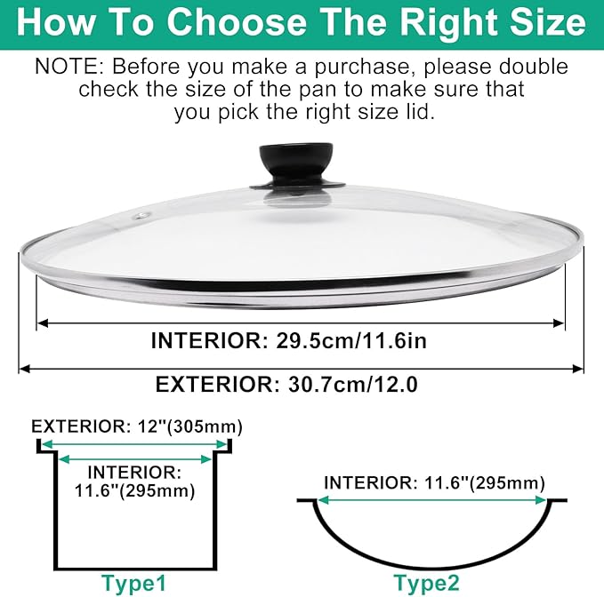 Pan Lid 12 Inch, Round Tempered Glass Lid, Universal Pot Lids with Heat Resistant Handle, Replacement Pan Cover for Pans and Skillets, Dishwasher Safe