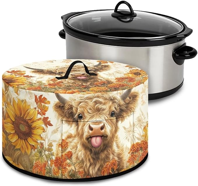 Oval Slow Cooker Dust Cover Protective with 6-8 Quart Slow Cooker Recyclable Practical Crock Pot Cover Fall Decor Keep Kitchen Appliances Clean, Highland Cattle Sunflower Maple Leaf Print
