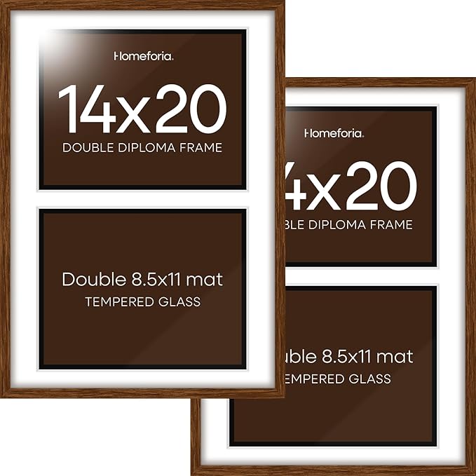 Homeforia 14x20 Double Diploma Frame Brown, High End Dark Oak 14 x 20 Wood Certificate Frames with Mat for Two 8.5x11 Diplomas, 14by20 Dual Walnut Graduation Frames, Tempered Glass, Wall Kit, Set of 2