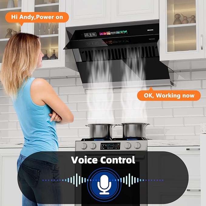 BRANO Range Hood 36 inch with 900CFM, Voice/Gesture Sensing/Touch Control Panel, Unique Side-Draft Design for Under Cabinet Modern Kitchen Hood, Ducted/Ductless Convertible