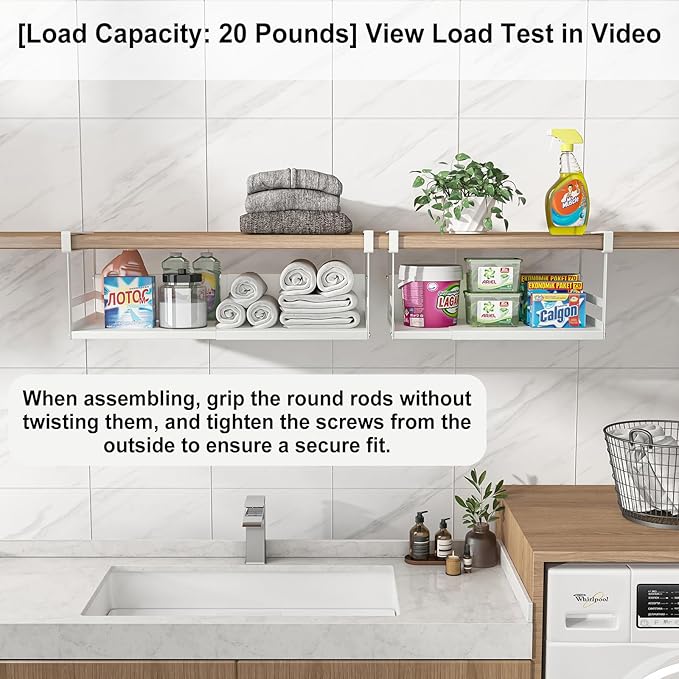 Expandable Under Cabinet Shelf Organizer with 1.25 Inches Thick Clips, Heavy Duty Extendable Under Shelf Storage Basket for Pantry or Laundry Room, White, 2 Pack, Interior: 5.7" H x 8.54" D