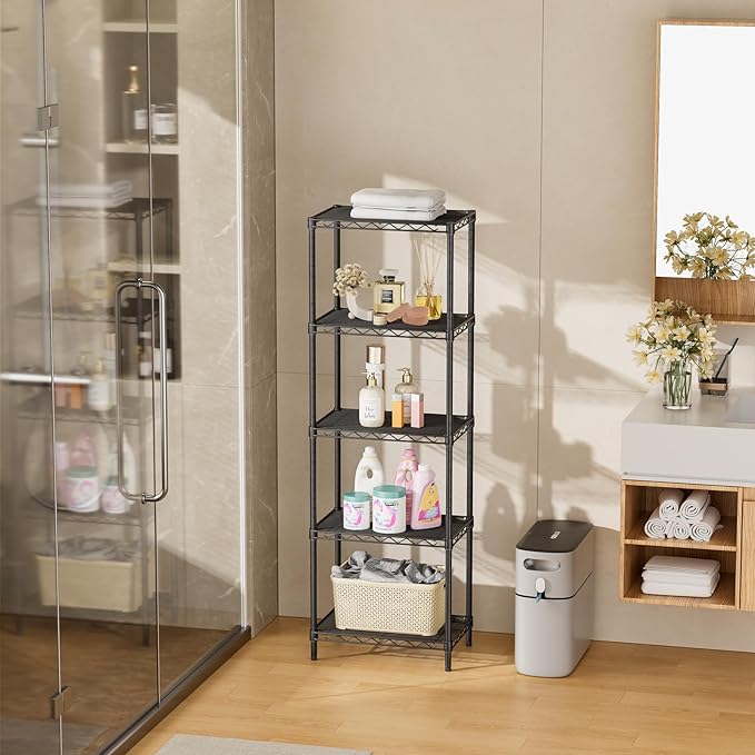 SINGAYE Metal Shelves Wire Shelving：Storage Rack Standing Units Shelf for Kitchen Laundry Bathroom Closet Organizers Pantry Narrow Mesh Adjustable 10" D x 16" W x 55" H Black | Shelf, Adjustable, Rack, for Kitchen, for Closet, for Laundry