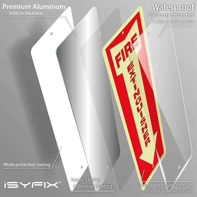 iSYFIX Fire Extinguisher Glow in the Dark Aluminum Signs – 10 Pack 4x12 Inch – Photoluminescent, Laminated for Ultimate UV and Fade Resistance, Indoor and Outdoor, for Business, Schools, Hospitals,
