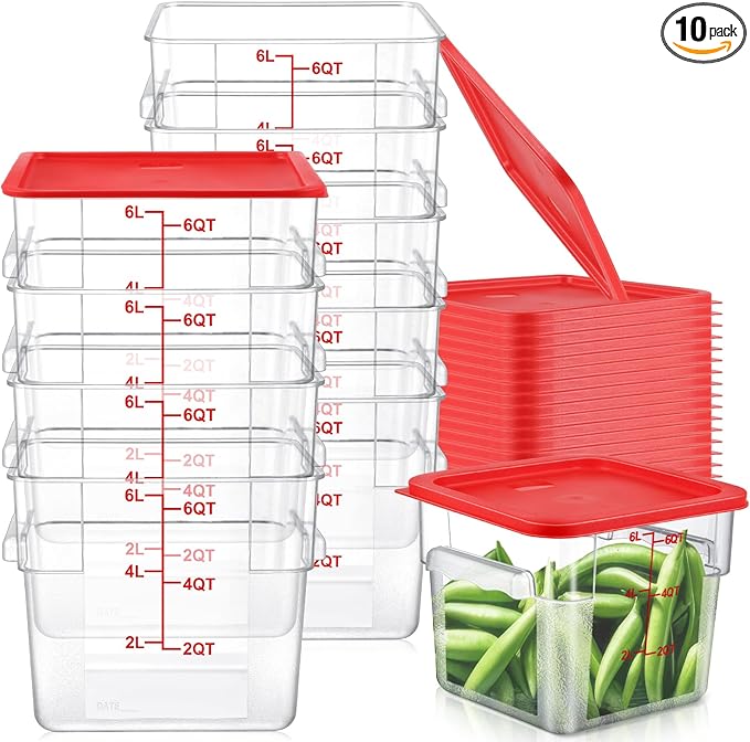 10 Sets 6 Qt Square Food Storage Containers with Lids Commercial Polycarbonate Containers Dough Proofing with Scale Clear Airtight Cereal for Pantry Home Restaurant