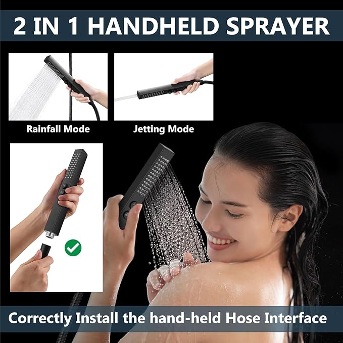 Aolemi Shower Faucet Set Ceiling Mount Shower System Rough-in Valve and Shower Trim Kit 2 in 1 Handheld Spray Push Button Diverter 12 and 6 Inch Dual Shower Head Matte Black