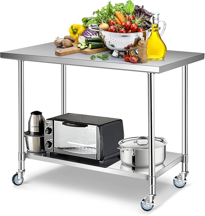 WATERJOY 48" x 30" Stainless Steel Table with Wheels and Adjustable Shelf for Prep & Workstations Commercial Heavy Duty worktables