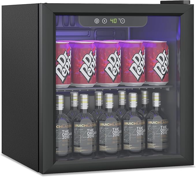 1.3 Cubic Feet Mini Fridge, 60 Can Freestanding Beverage Refrigerator with Glass Front Door for Soda, Beer Under Counter Small Refrigerator with Adjustable Shelves and Digital Display(Black)