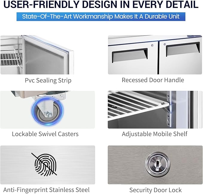 60" W 2 Door Refrigerator Sandwich Salad Prep Table Commercial Stainless Steel Fan Cooling Refrigerator with Cutting Board, 2 Shelves & 16 Pans for Restaurant, Bar, Shop-16.4 Cu.ft