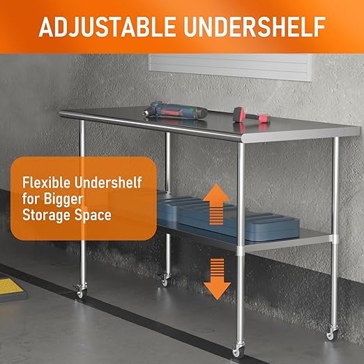 Stainless Steel Table with Wheels for Food Prep & Work 30" x 60" Utility Table with Adjustable Undershelf, Commercial Workstation in Kitchen, Garage, Outdoor BBQ
