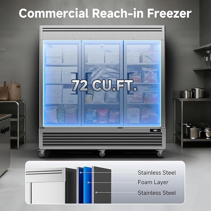 Coolake 82" Commercial Reach-in Freezer 3 Solid Doors, 72 Cu.ft Stainless Steel Fan Cooling Upright Freezer 12 Adjustable Shelves, Commercial Freezer for Restaurant Kitchen Grocery Store Prep Area