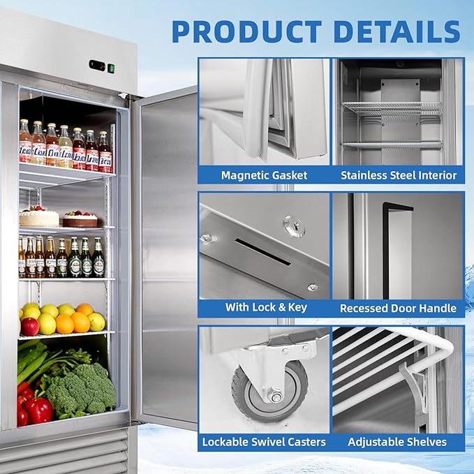 54" Commercial Refrigerator with 2 Solid Door, 49 Cu.ft Reach-in Stainless Steel Refrigerator, Fan Cooling Refrigerator for Restaurant, Bar, Home, Shop