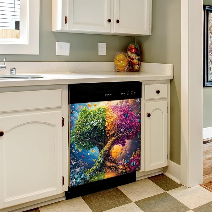 Colorful Tree Butterflies Dishwasher Magnet Cover, Reusable Refrigerator Panel Stickers Microwave Front Door Covers Magnets for Kitchen Home Appliances Holiday Party Decorations 23 X 26 in