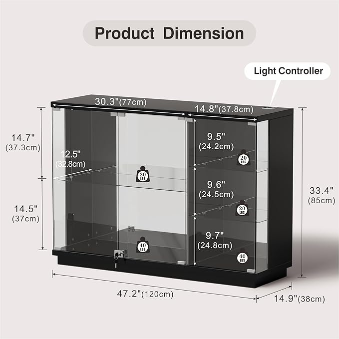 Lvifur Glass Display Cabinet with Lock & LED Light, High Gloss Sideboard with Human Body Sensor & Glass Shelves for Toys, Books, Collectibles, Liquor, Bookcase for Living Room, Kitchen, Study, Black