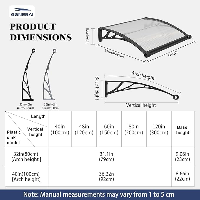 Awning for Door Entrance with Drainage Sink,32x120 Inch Awnings for Doors,Window Canopy Exterior with Plastic Steel Bracket,Polycarbonate Cover,UV,Rain,Snow Protection for House,Porch,Patio,Deck