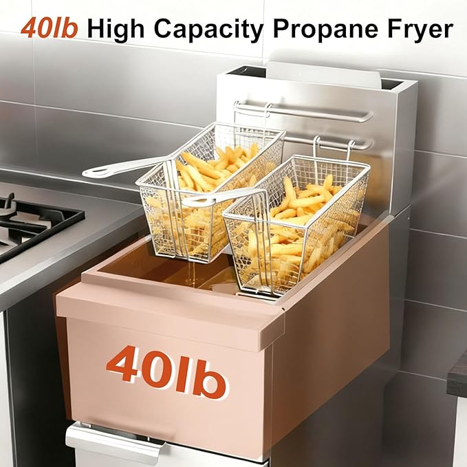 Commercial Deep Fryer, 3-Burner Fryer for Restaurants, Stainless Steel Gas Floor Fryer with 2 Baskets and Adjustable Temperature, Liquid Propane Powered, 40 LBS Capacity, 400°F, 90,000 BTU