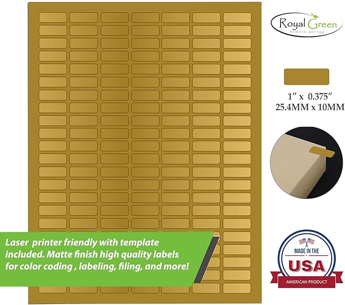 Metallic Labels Printable Sticker Paper Sheets for Printers in Metallic Gold, Small Printing Labels 1 inch x 0.375 inch for Laser Printers with Template Included, 7 Full Sheets - 1078 Pack