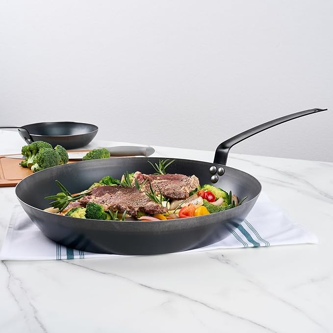 Restaurantware-Met Lux 16 Inch Fry Pans, 6 Lightweight Frying Pans - Induction-Ready, Triple-Riveted, Black Carbon Steel Cooking Skillets, Durable, For Searing, Sauteing, And Browning Food