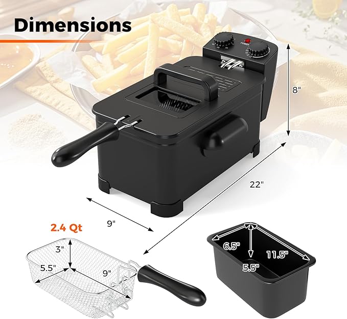 SIMOE Electric Deep Fryer with Basket, 1700W Countertop Oil Fryer with Adjustable Temperature, Lid with Viewing Window, 3 Liter / 12 Cup Oil Capacity, Small Deep Fryer Pot for Home Use, Easy to Clean
