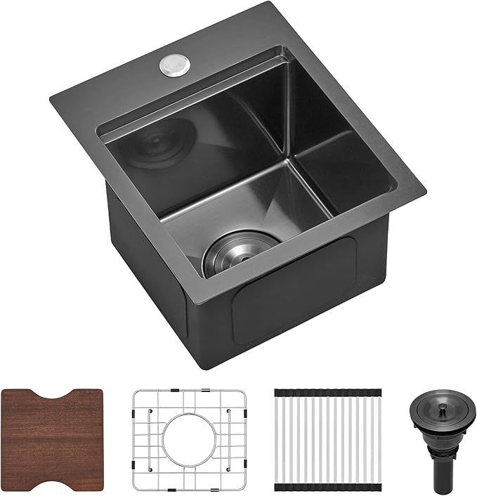 Scamall 13x15x9 Drop In Kitchen Sink Workstation, Nano Black 304 Stainless Steel Deep Single Bowl with Quick Drainage & Tarnish-Free Surface for Bar, Laundry, RV, Includes Accessories