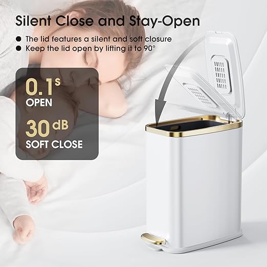 CEROELDA Small Bathroom Trash Can with Lid Soft Close-5L/1.3 Gal Stainless Steel Garbage Can-Step Pedal Wastebasket Slim Trash Bin for Office, Bedroom, Toilet, Live Room-White