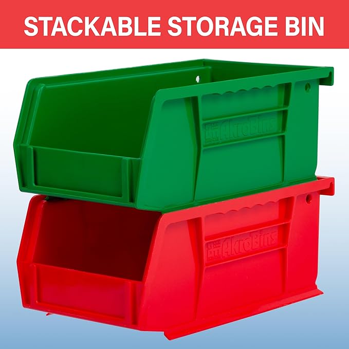 Akro-Mils 30220 AkroBins Plastic Storage Bins, Space-Saving Stackable Bins for Garage, Pantry, Craft Organization, 7-" x 4-" x 3-", Red, 24-Pack