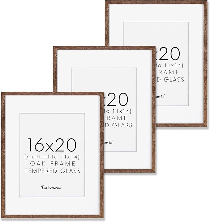 16x20 Picture Frames Set of 3, 16 x 20 Solid Oak Wood Frame for Wall, 16 x 20 Picture Frame with Tempered Glass, 16x20 Frame Matted to 11x14, Rustic Wood 16 by 20 Frames, Walnut Color