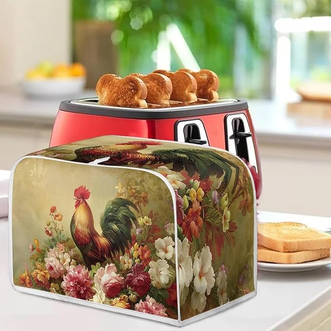 UNICEU Rooster Floral Print Toaster Cover 2 Slice Small Kitchen Appliance Covers Bread Machine Protection with Top Hook